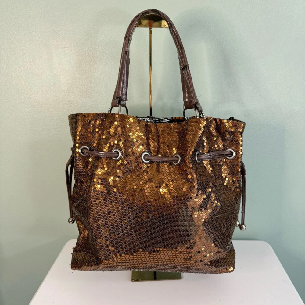 NICOLE LEE  USA Shoulder Satchel Bag Golden Sequins Embellished Drawstring Brown - Picture 8 of 15